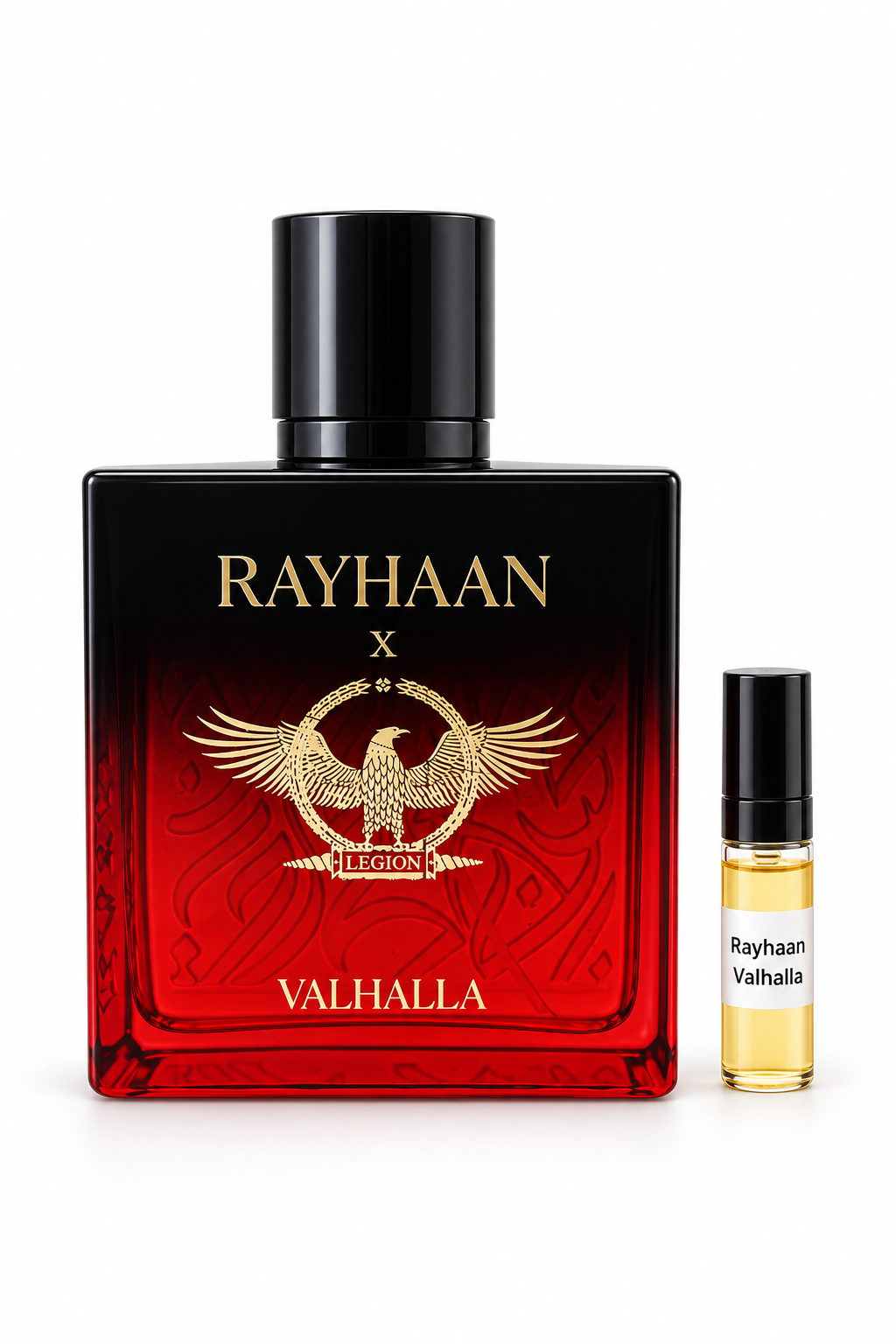 Rayhaan Valhalla fragrance bottle and black-capped sample vial on white