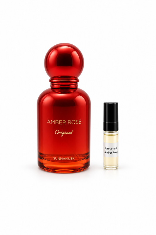 Sunnamusk Amber Rose fragrance bottle and black-capped sample vial on white