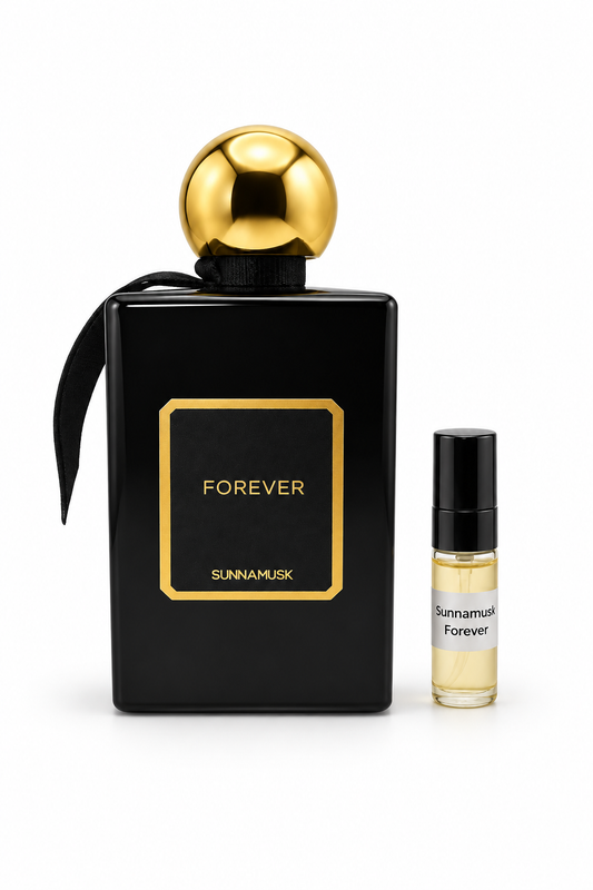 Sunnamusk Forever fragrance bottle and black-capped sample vial on white