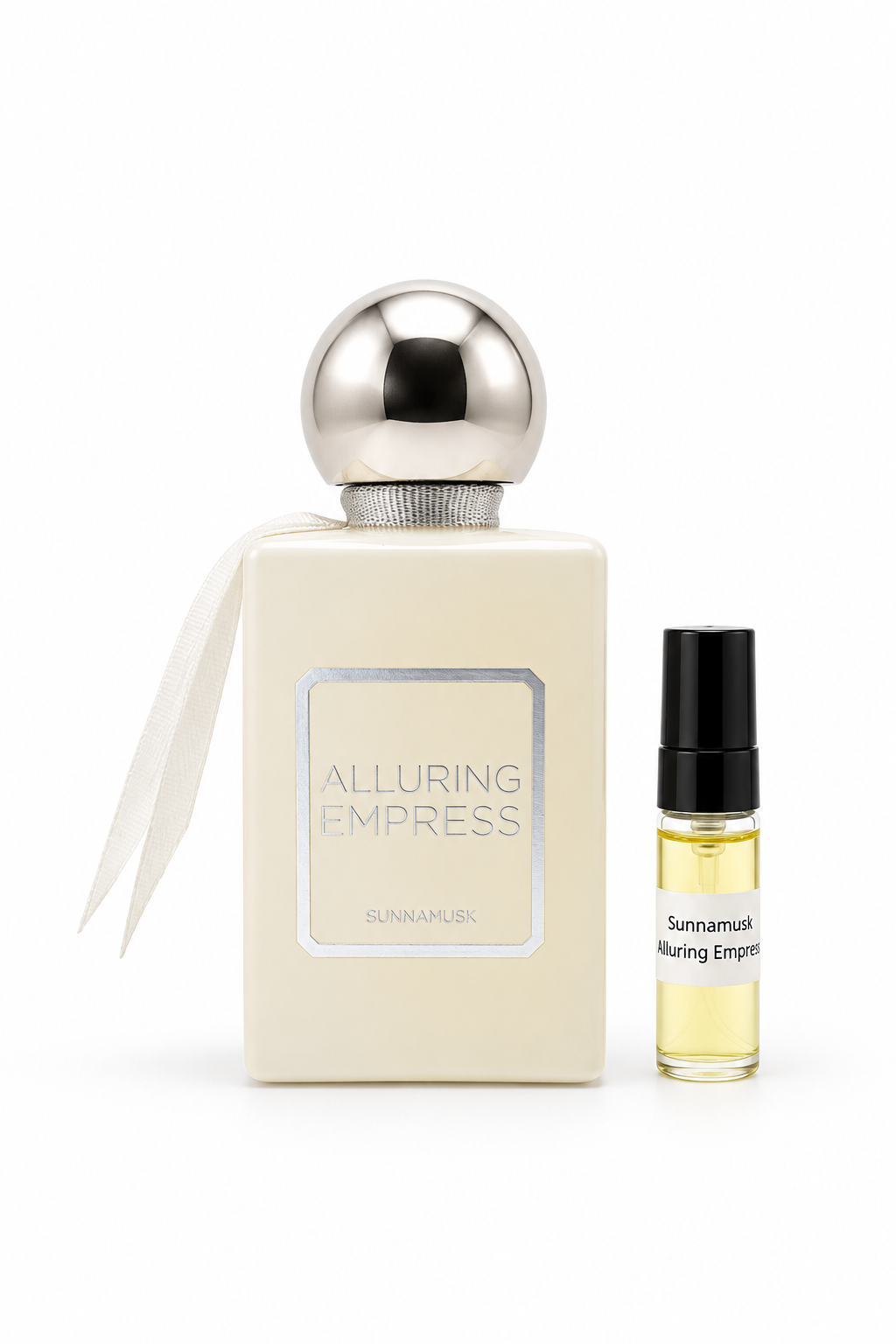 Sunnamusk Alluring Empress fragrance bottle and black-capped sample vial on white