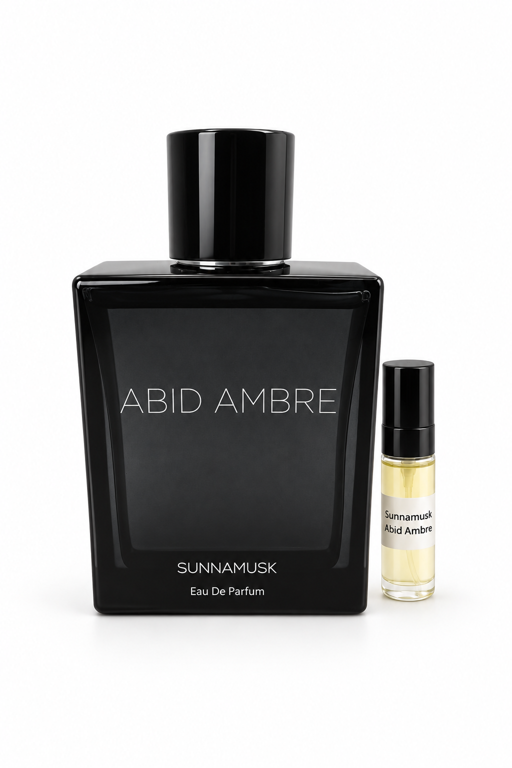Sunnamusk Abid Ambre fragrance bottle and black-capped sample vial on white