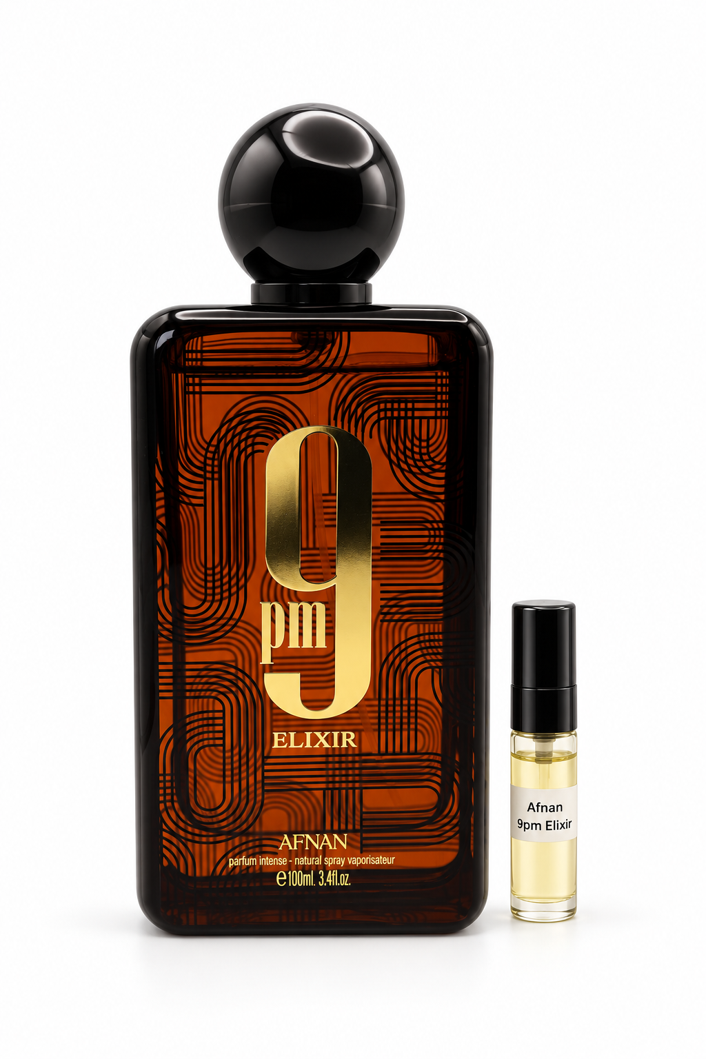 Afnan 9pm Elixir fragrance bottle and black-capped sample vial on white