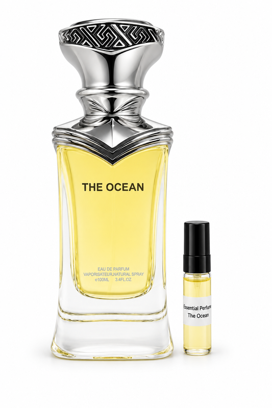Essential Perfume The Ocean fragrance bottle and black-capped sample vial on white