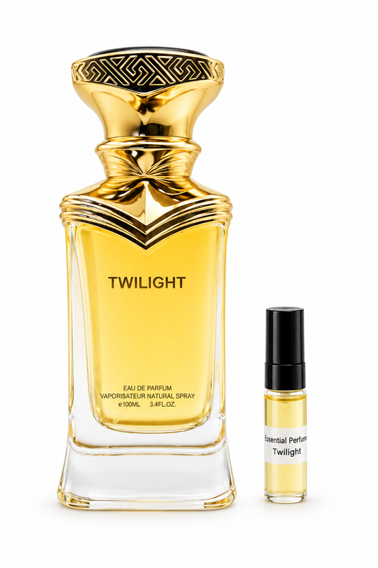 Essential Perfume Twilight fragrance bottle and black-capped sample vial on white