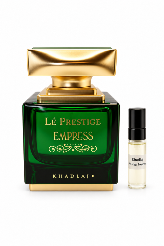 Khadlaj Le Prestige Empress fragrance bottle and black-capped sample vial on white