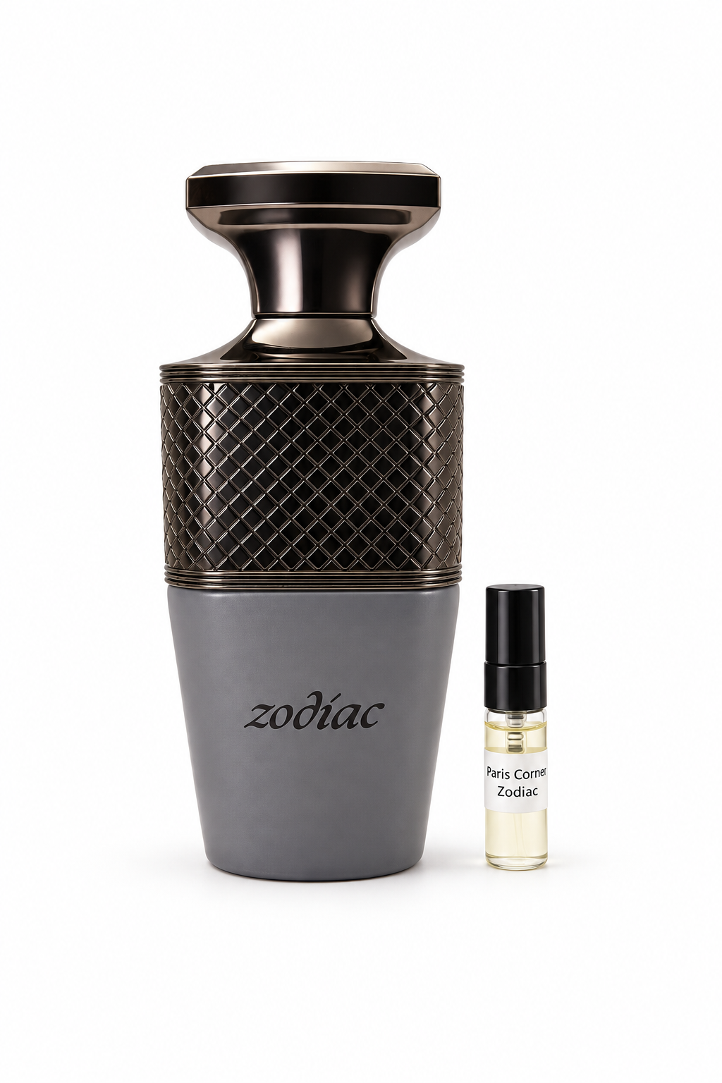 Paris Corner Zodiaq fragrance bottle and black-capped sample vial on white