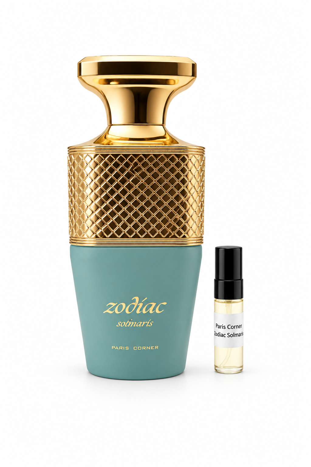 Paris Corner Zodiaq Solmaris fragrance bottle and black-capped sample vial on white
