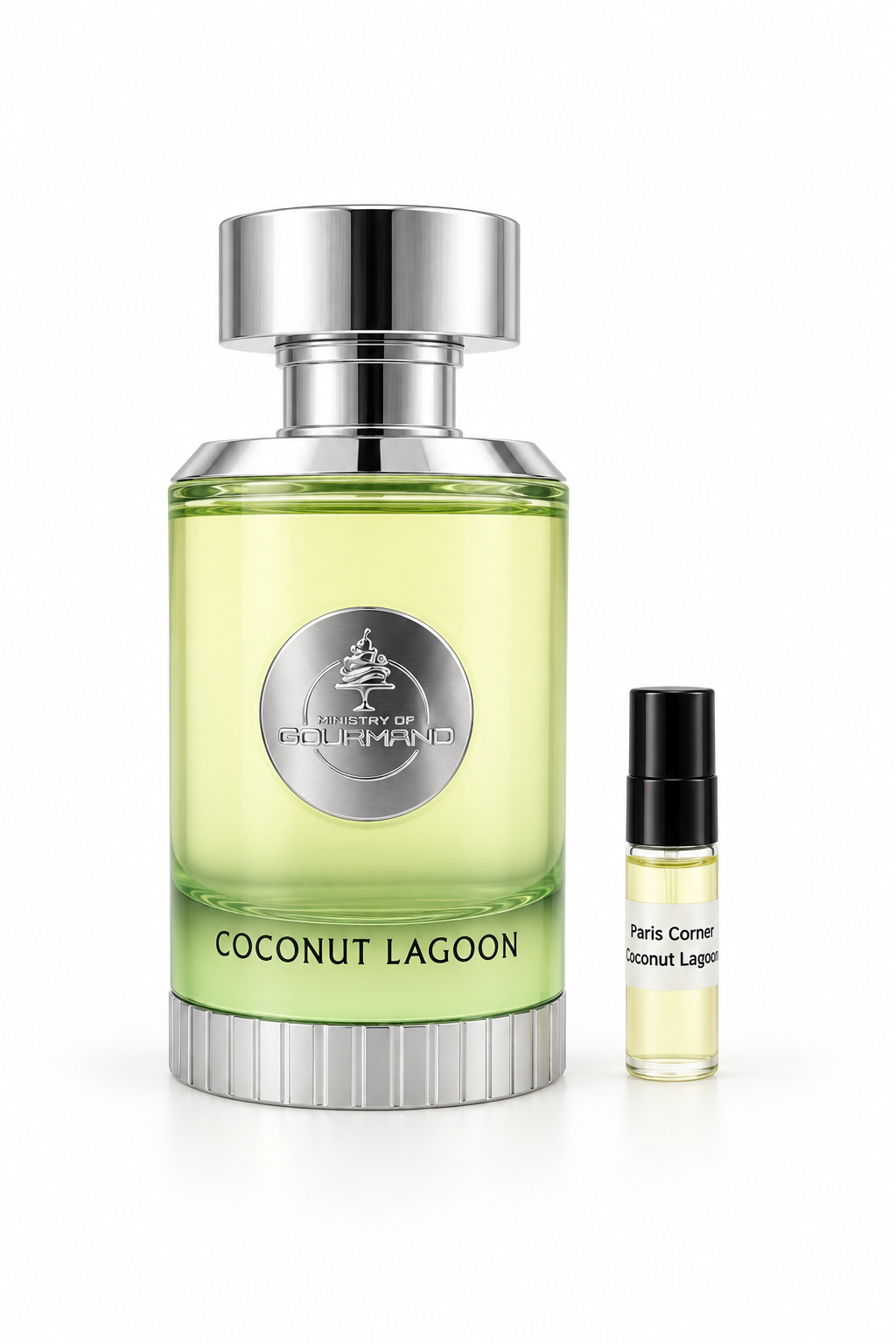 Paris Corner Coconut Lagoon fragrance bottle and black-capped sample vial on white