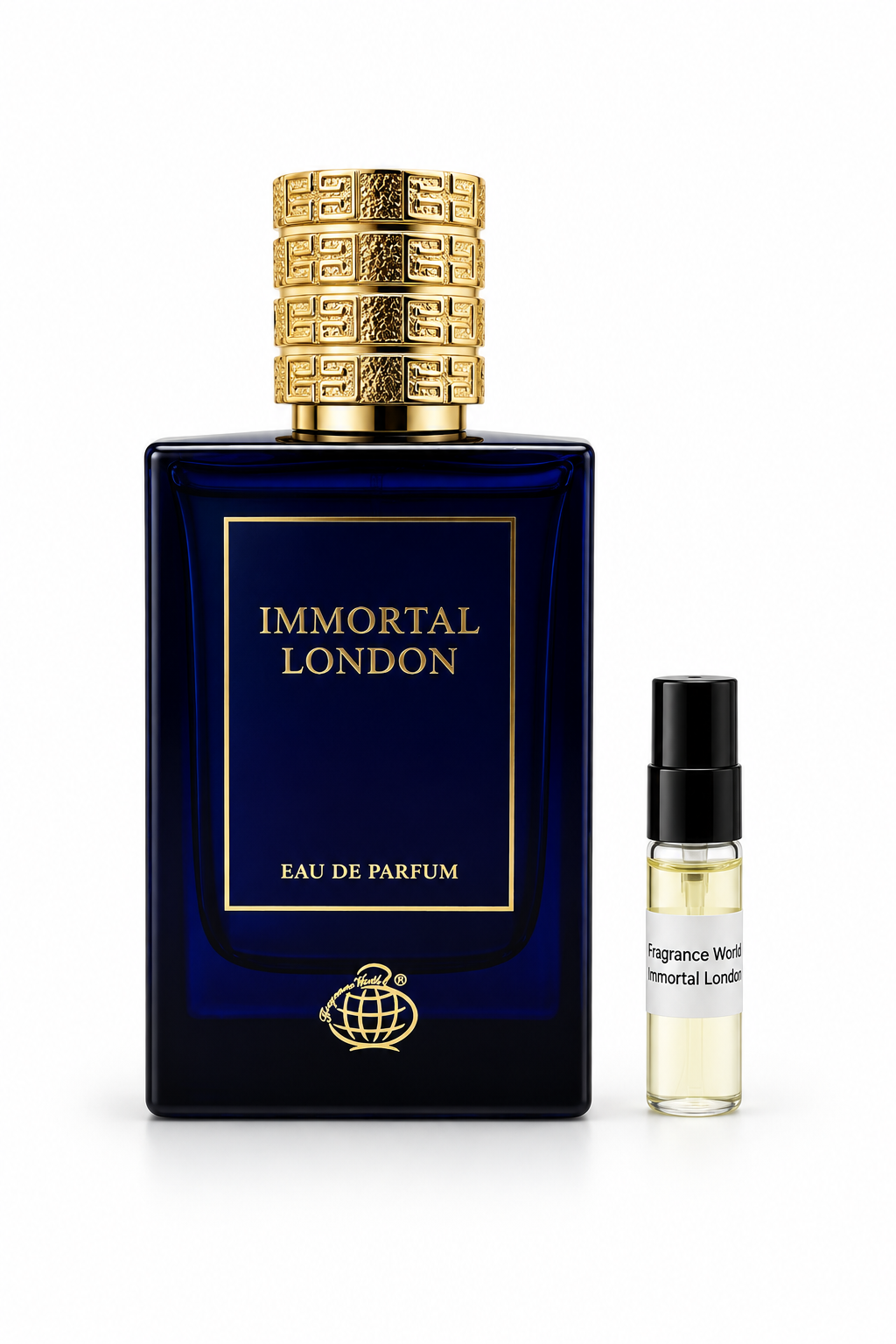 Fragrance World London Immortal fragrance bottle and black-capped sample vial on white