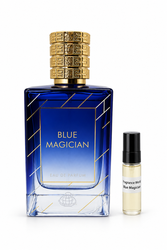Fragrance World Blue Magician fragrance bottle and black-capped sample vial on white