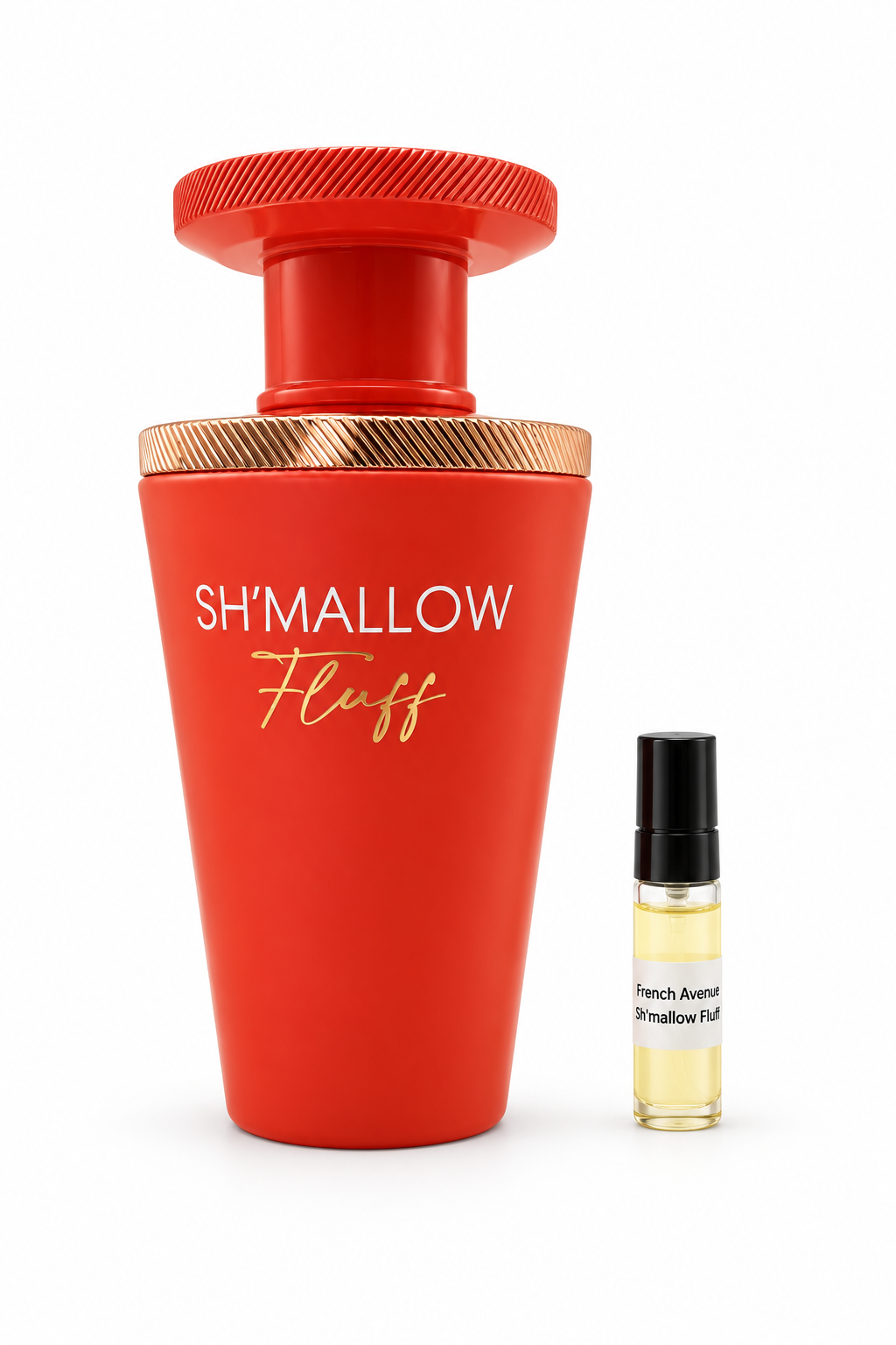 French Avenue Sh'Mallow Fluff fragrance bottle and black-capped sample vial on white