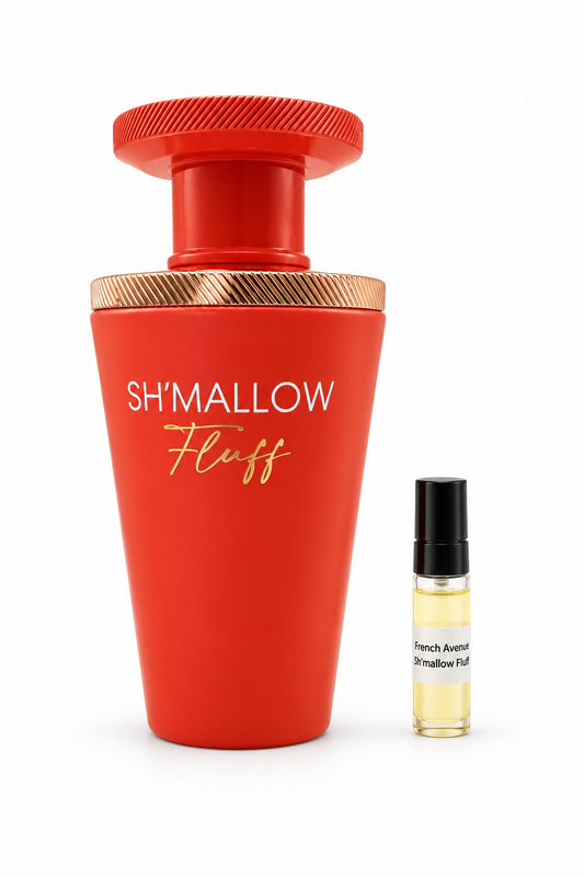 French Avenue Sh'Mallow Fluff fragrance bottle and black-capped sample vial on white