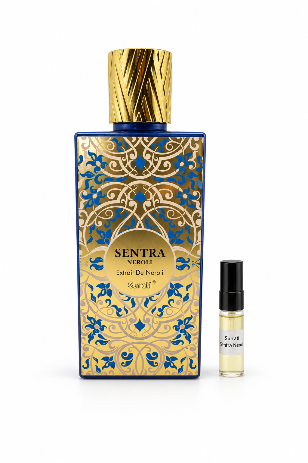 Surrati Sentra Neroli fragrance bottle and black-capped sample vial on white