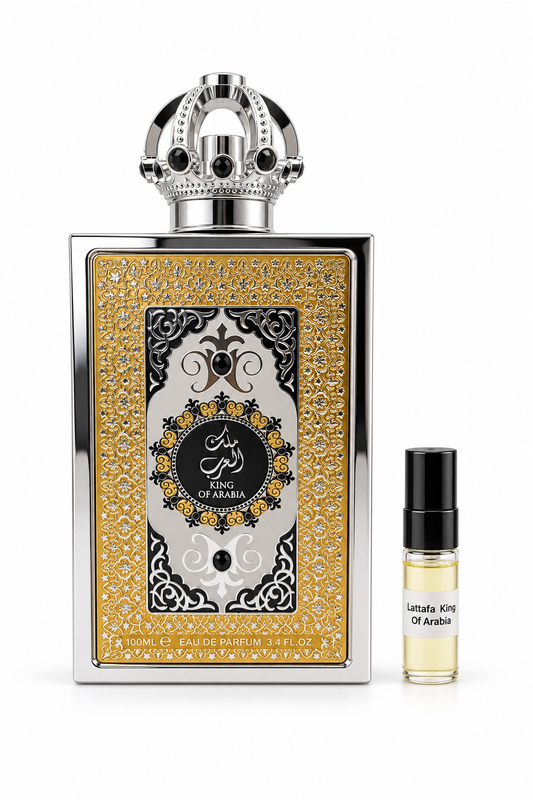 Lattafa Pride King Of Arabia fragrance bottle and black-capped sample vial on white
