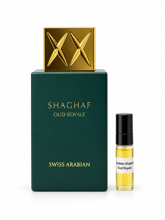 Swiss Arabian Shaghaf Oud Royale fragrance bottle and black-capped sample vial on white