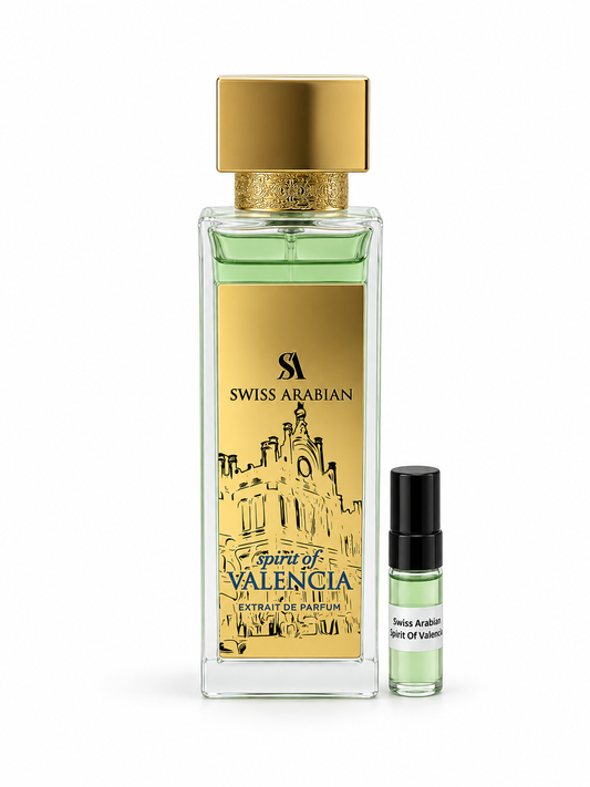 Swiss Arabian Spirit Of Valencia fragrance bottle and black-capped sample vial on white