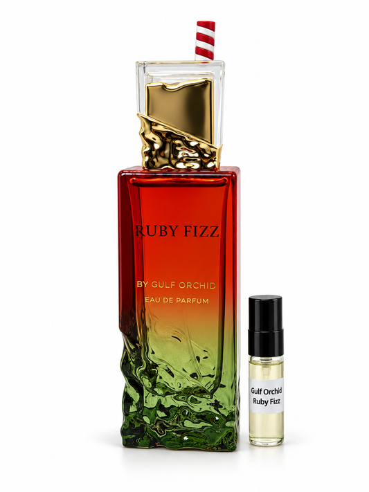 Gulf Orchid Ruby Fizz fragrance bottle and black-capped sample vial on white
