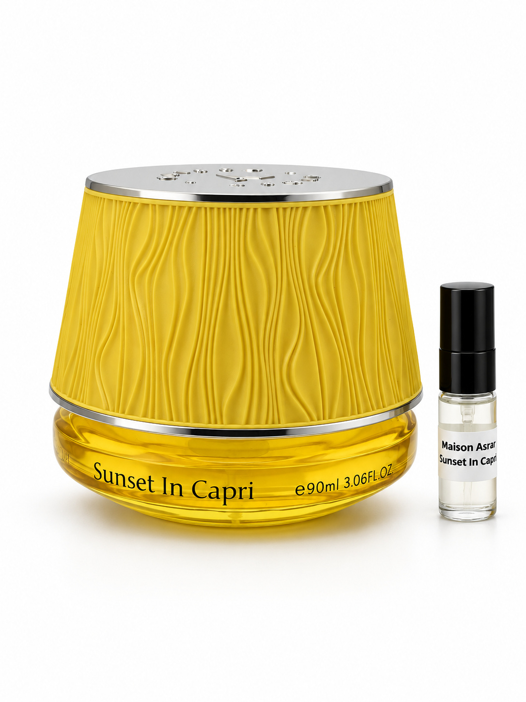 Maison Asrar Sunset In Capri fragrance bottle and black-capped sample vial on white