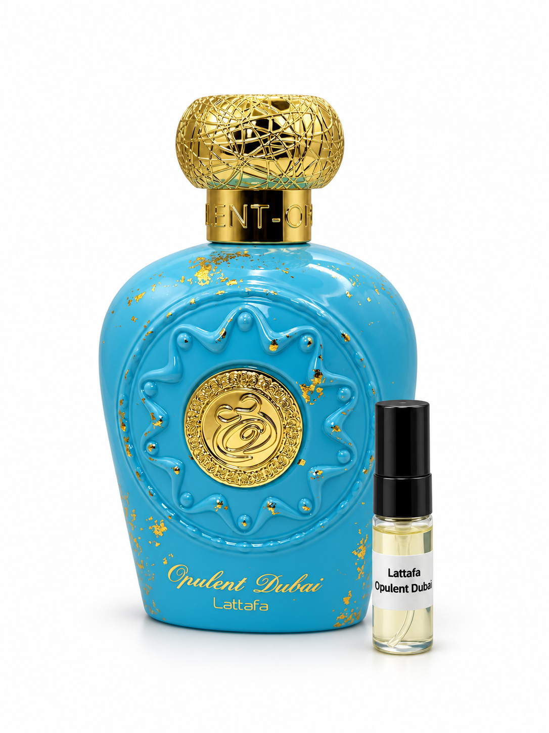 Lattafa Opulent Dubai fragrance bottle and black-capped sample vial on white