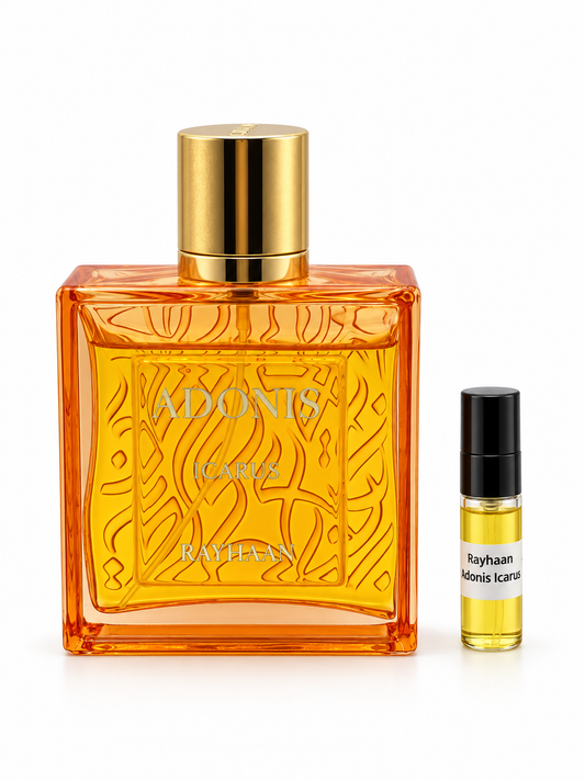 Rayhaan Adonis Icarus fragrance bottle and black-capped sample vial on white