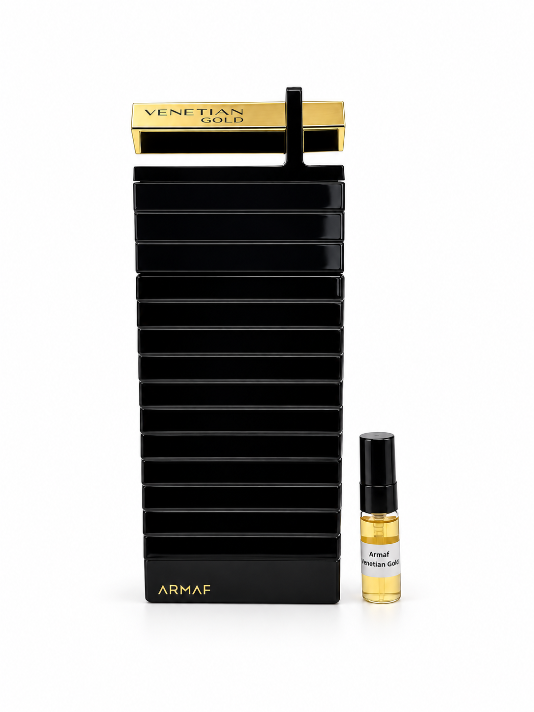 Armaf Venetion Gold fragrance bottle and black-capped sample vial on white