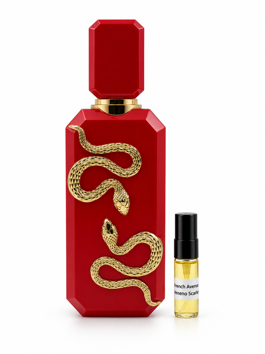 French Avenue Veneno Scarlet fragrance bottle and black-capped sample vial on white