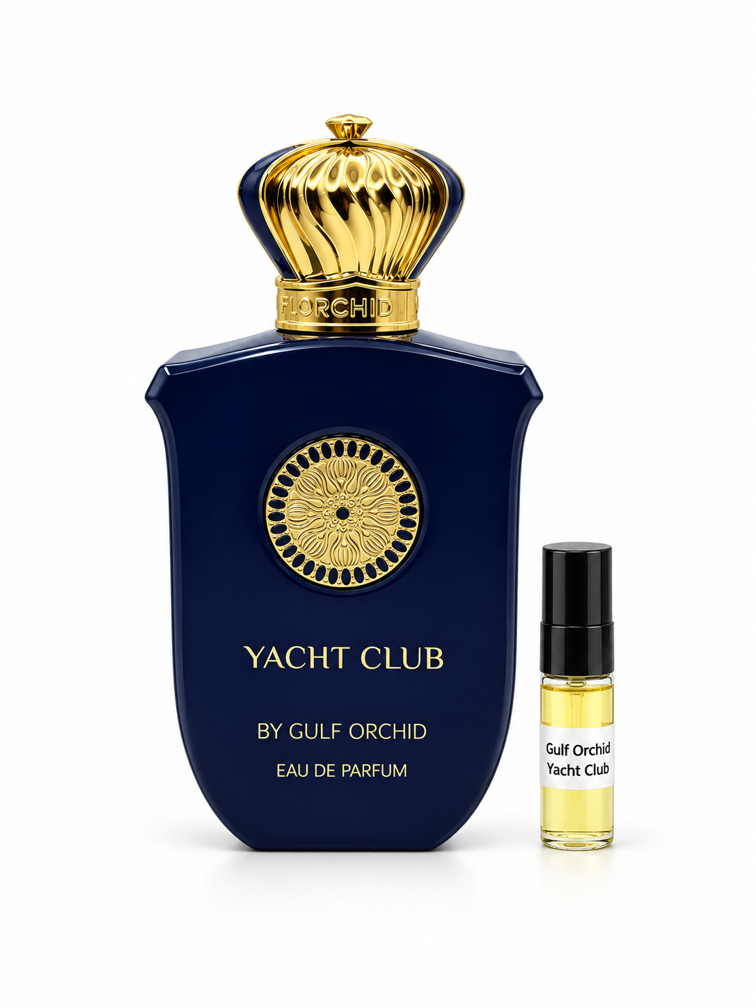 Gulf Orchid Yacht Club fragrance bottle and black-capped sample vial on white