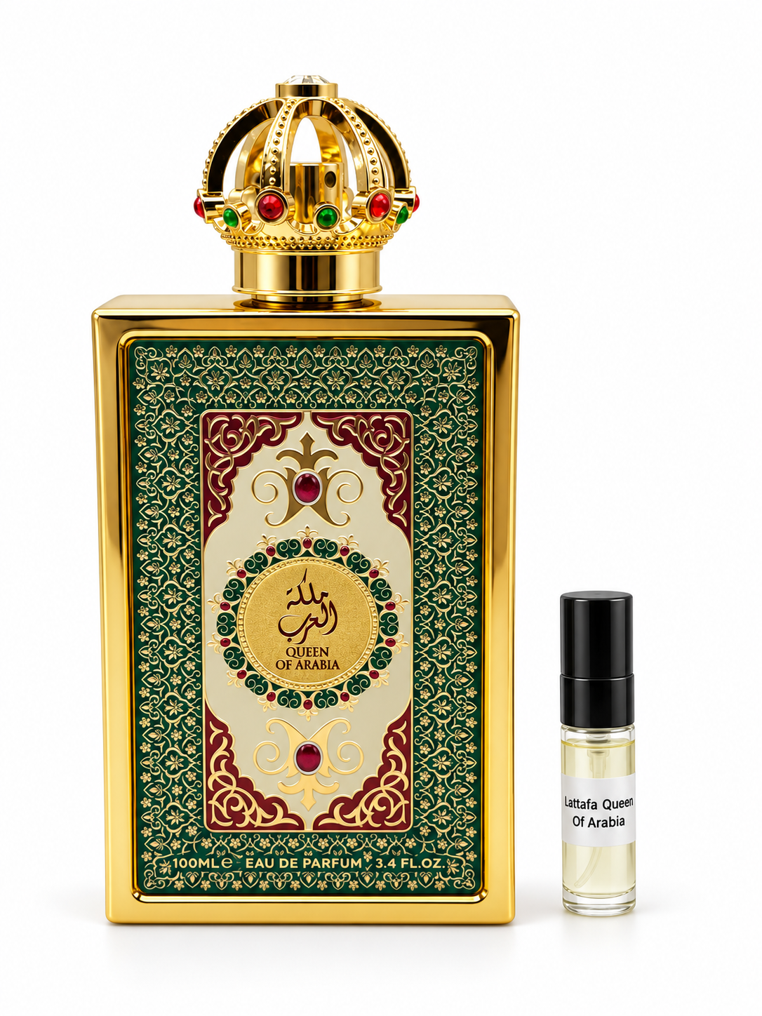 Lattafa Pride Queen Of Arabia fragrance bottle and black-capped sample vial on white
