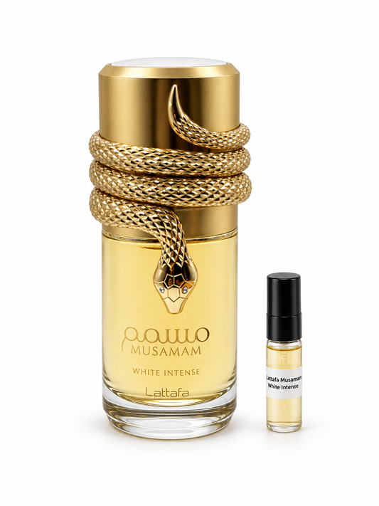 Lattafa Musamam White Intense fragrance bottle and black-capped sample vial on white