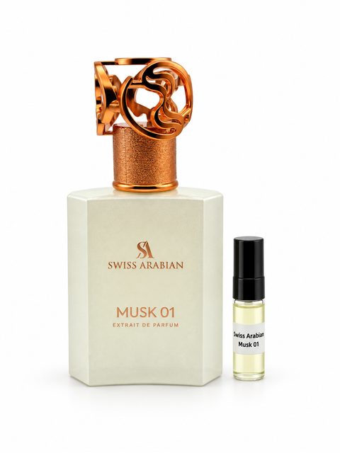Swiss Arabian Musk 01 fragrance bottle and black-capped sample vial on white