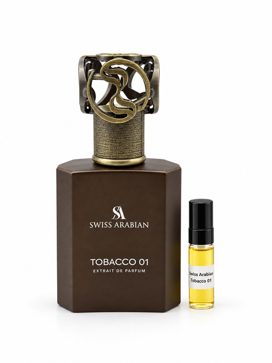 Swiss Arabian Tobacco 01 fragrance bottle and black-capped sample vial on white
