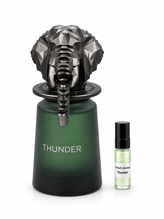 French Avenue Thunder Extrait fragrance bottle and black-capped sample vial on white