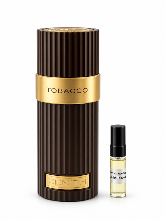 French Avenue Zenith Tobacco fragrance bottle and black-capped sample vial on white