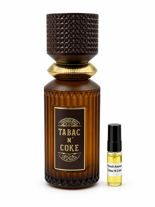 Fragrance World Tabac n Coke fragrance bottle and black-capped sample vial on white