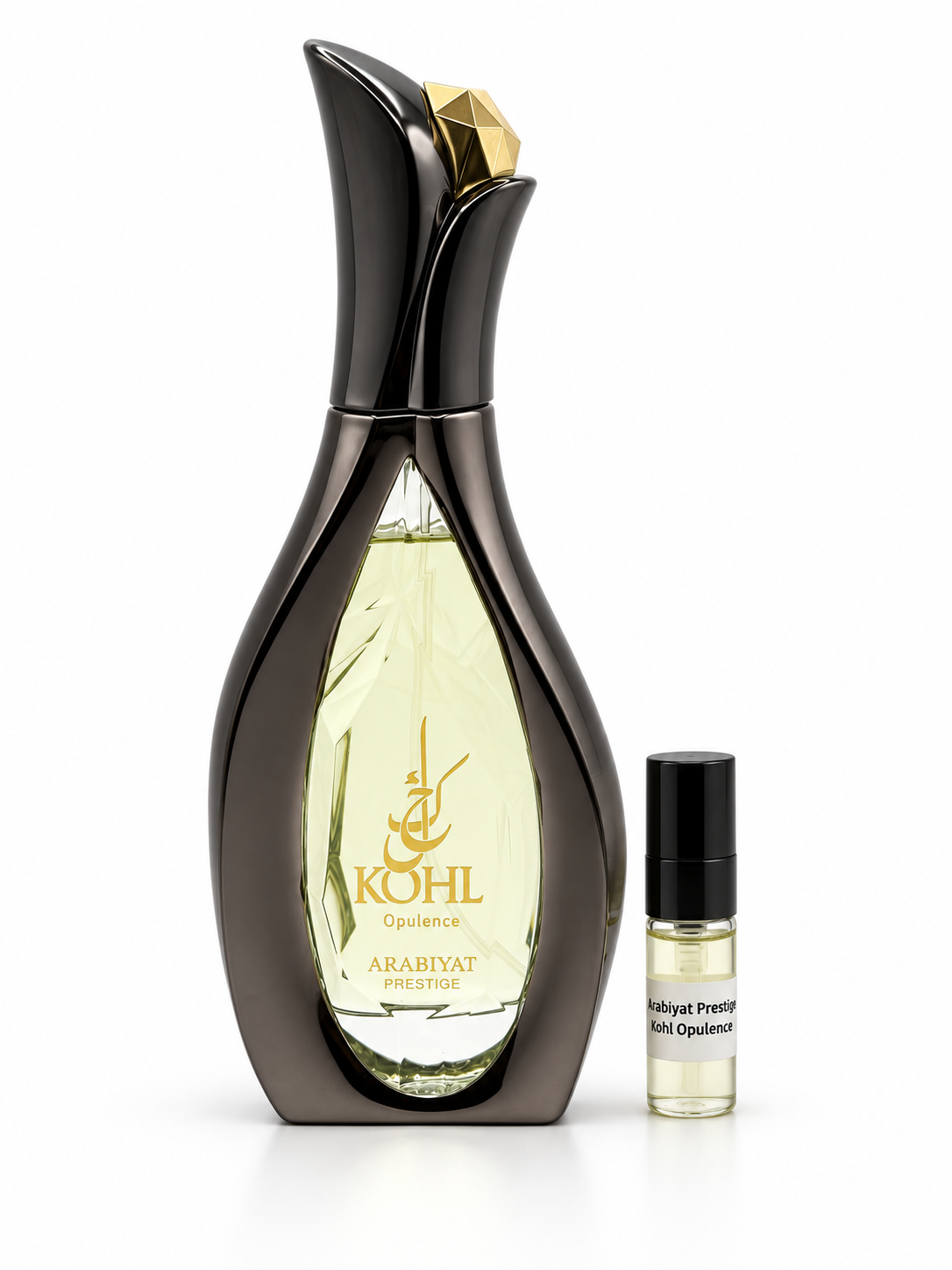 Arabiyat Prestige Kohl Opulance fragrance bottle and black-capped sample vial on white