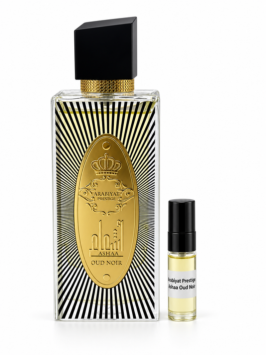 Arabiyat Prestige Ashaa Oud Noir fragrance bottle and black-capped sample vial on white