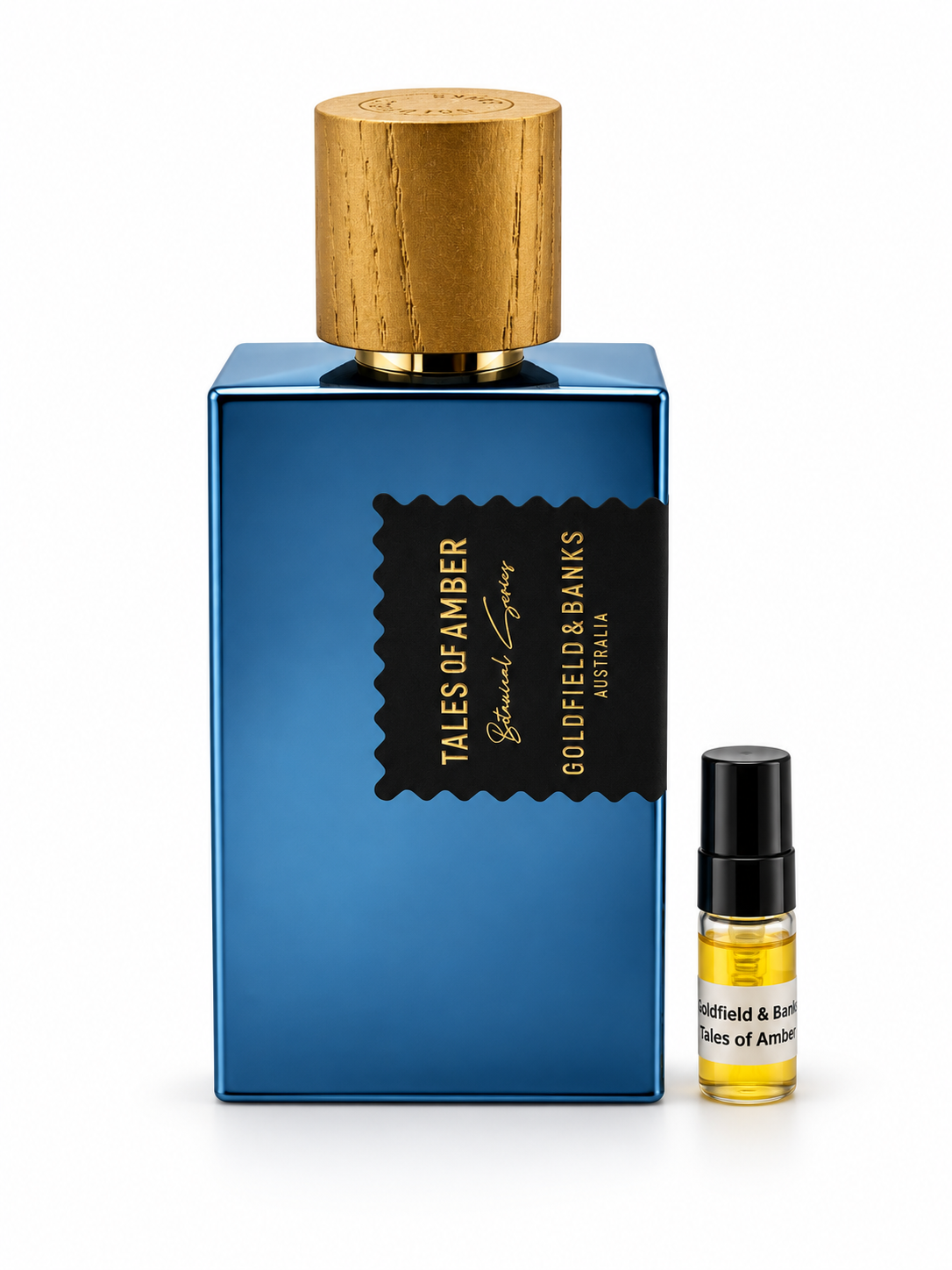 Goldfield &  Banks Tales Of Amber fragrance bottle and black-capped sample vial on white
