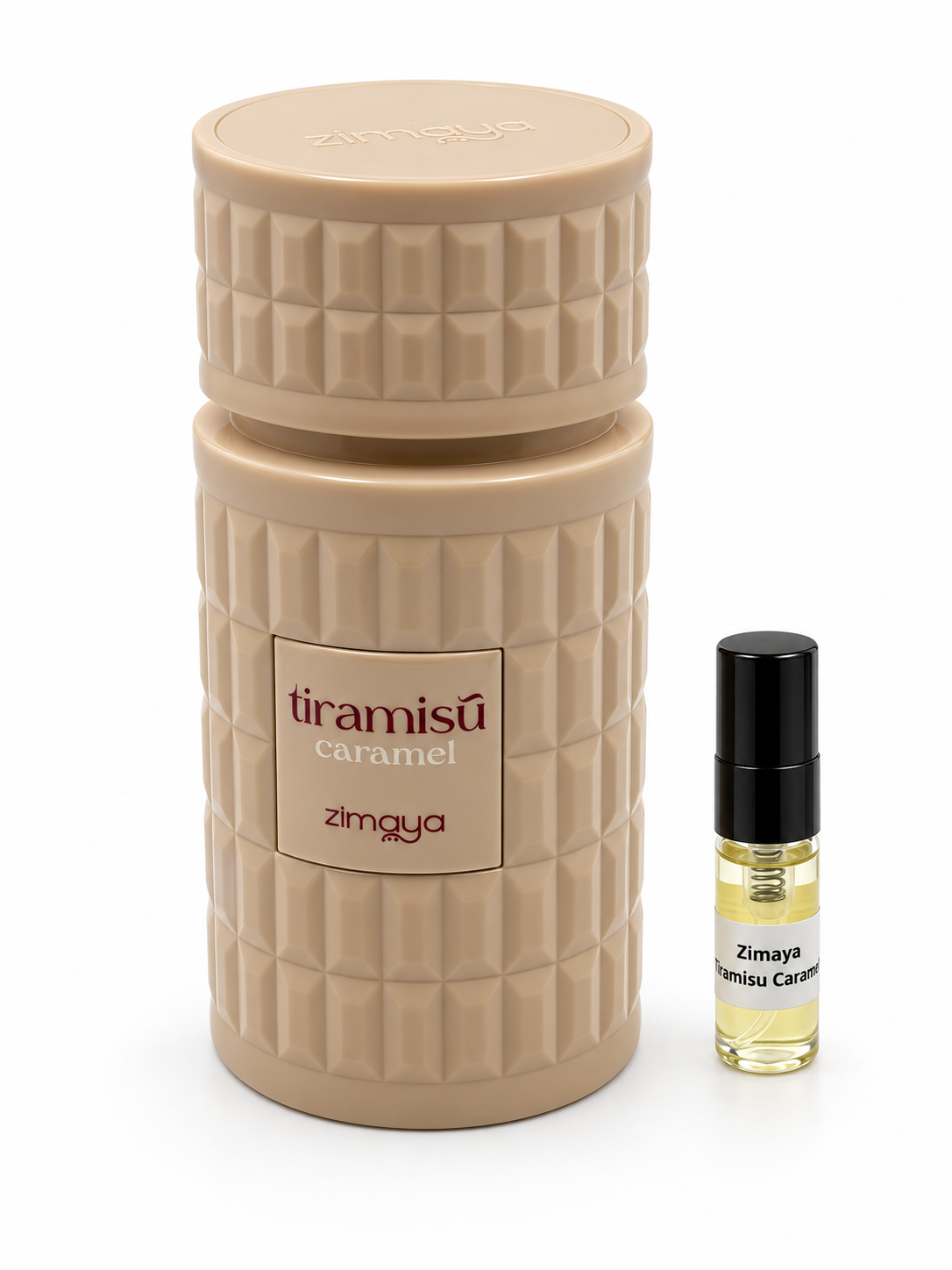 Zimaya Tiramisu Caramel fragrance bottle and black-capped sample vial on white