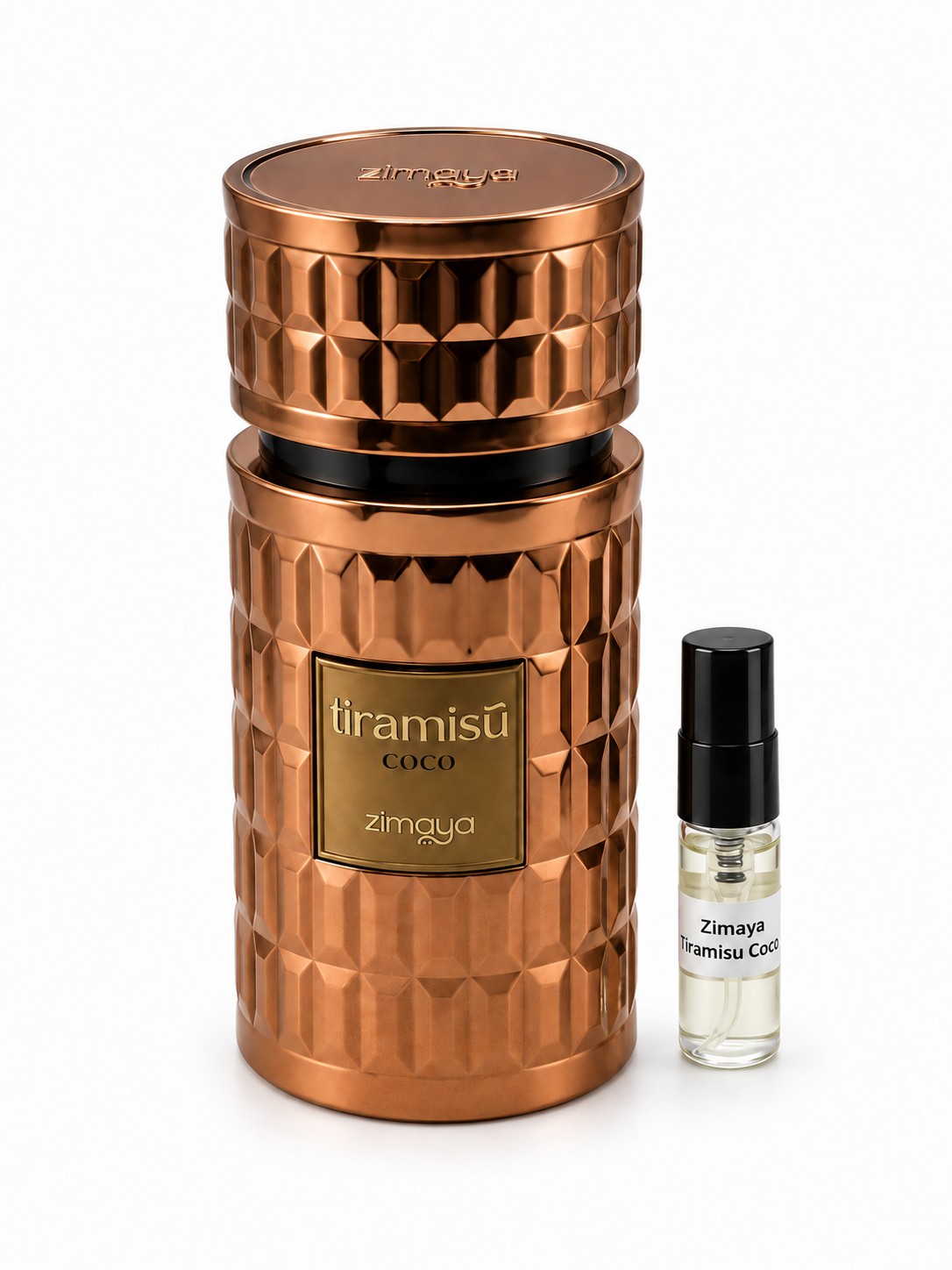 Zimaya Tiramisu Coco fragrance bottle and black-capped sample vial on white