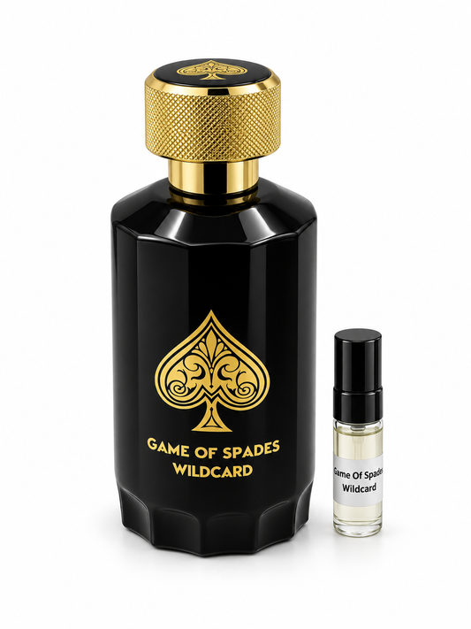 Game Of Spades Wildcard fragrance bottle and black-capped sample vial on white