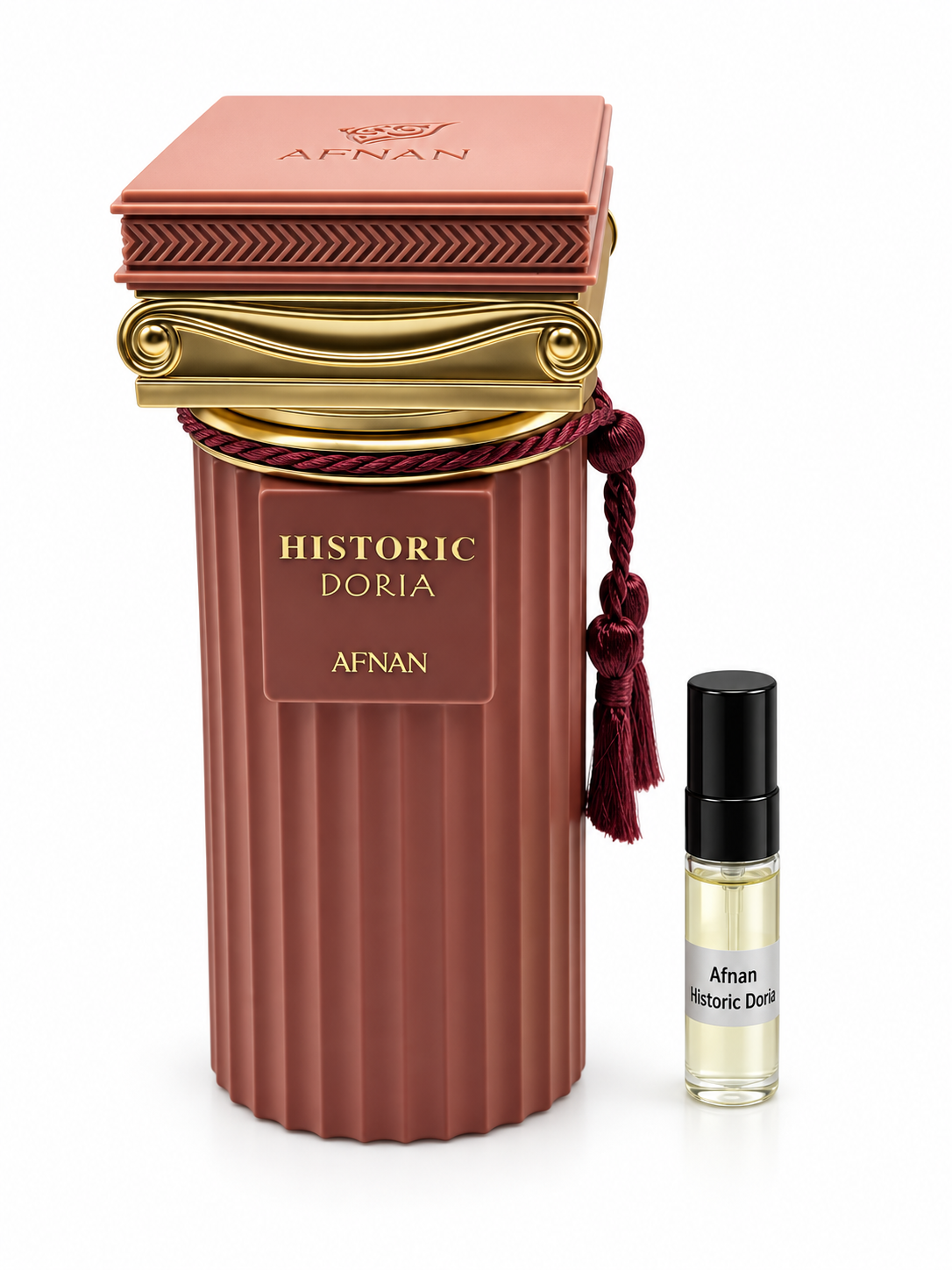 Afnan Historic Doria fragrance bottle and black-capped sample vial on white