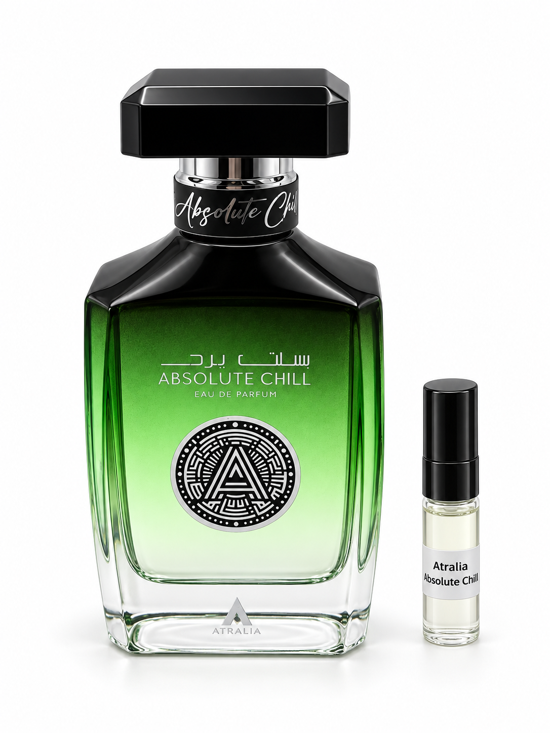 Atralia Absolute Chill fragrance bottle and black-capped sample vial on white