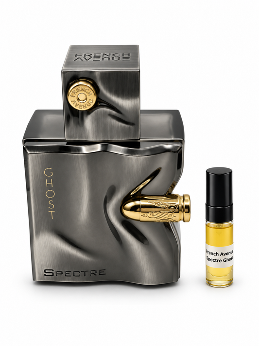 French Avenue Spectre Ghost fragrance bottle and black-capped sample vial on white
