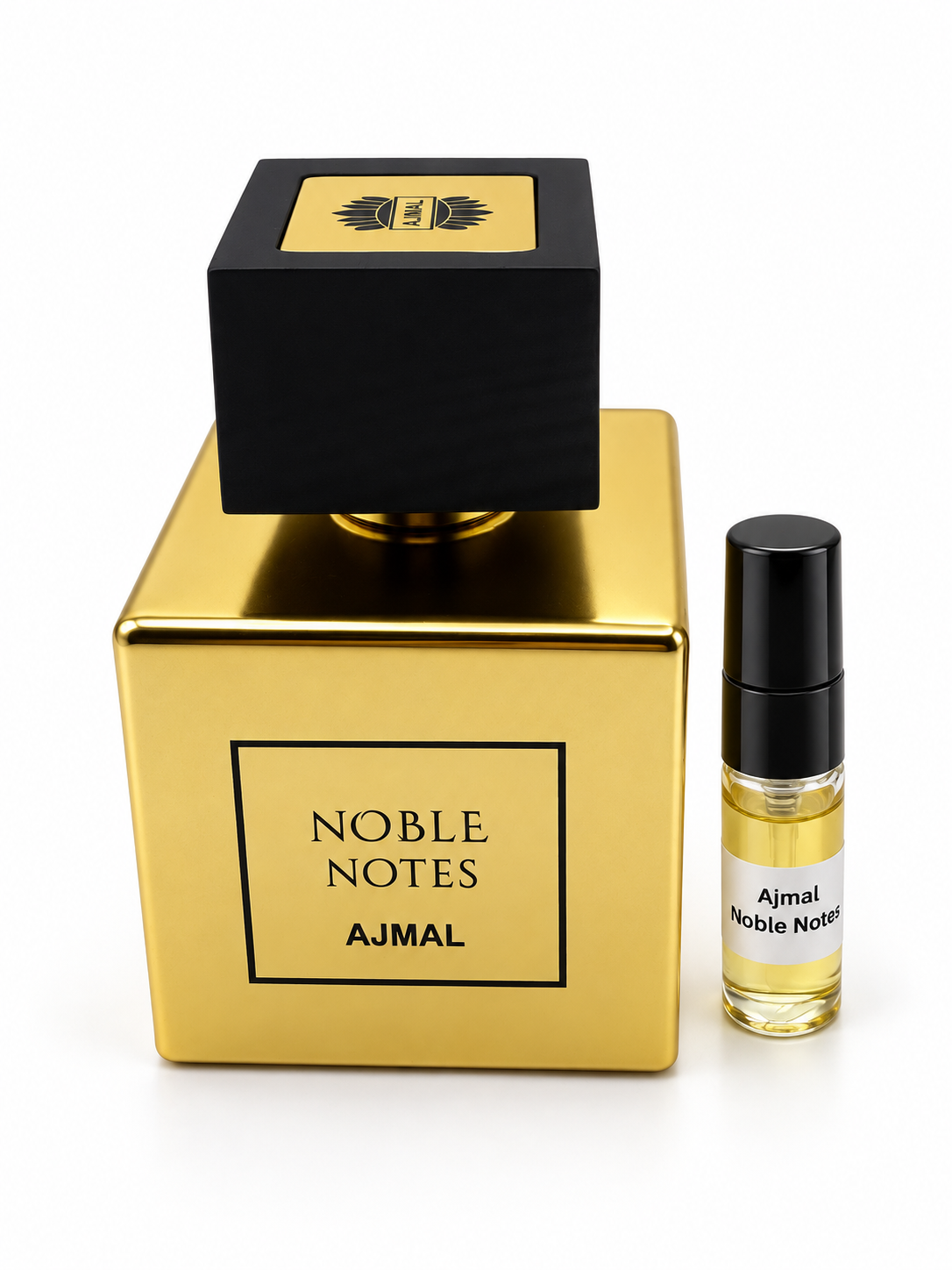 Ajmal Noble Notes fragrance bottle and black-capped sample vial on white
