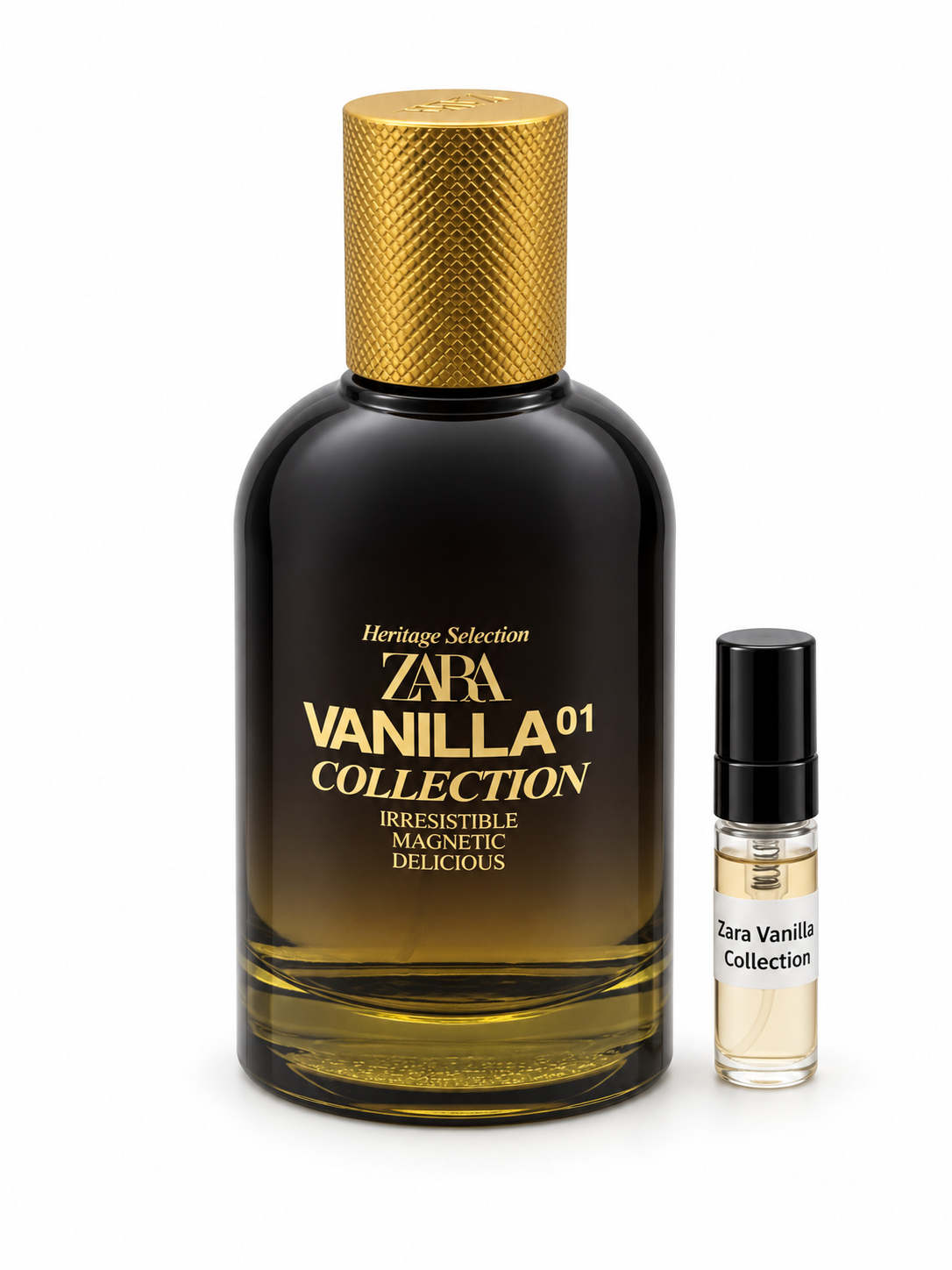 Zara Vanilla 01 Collection fragrance bottle and black-capped sample vial on white