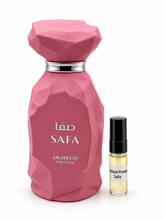 Arabiyat Prestige Safa fragrance bottle and black-capped sample vial on white