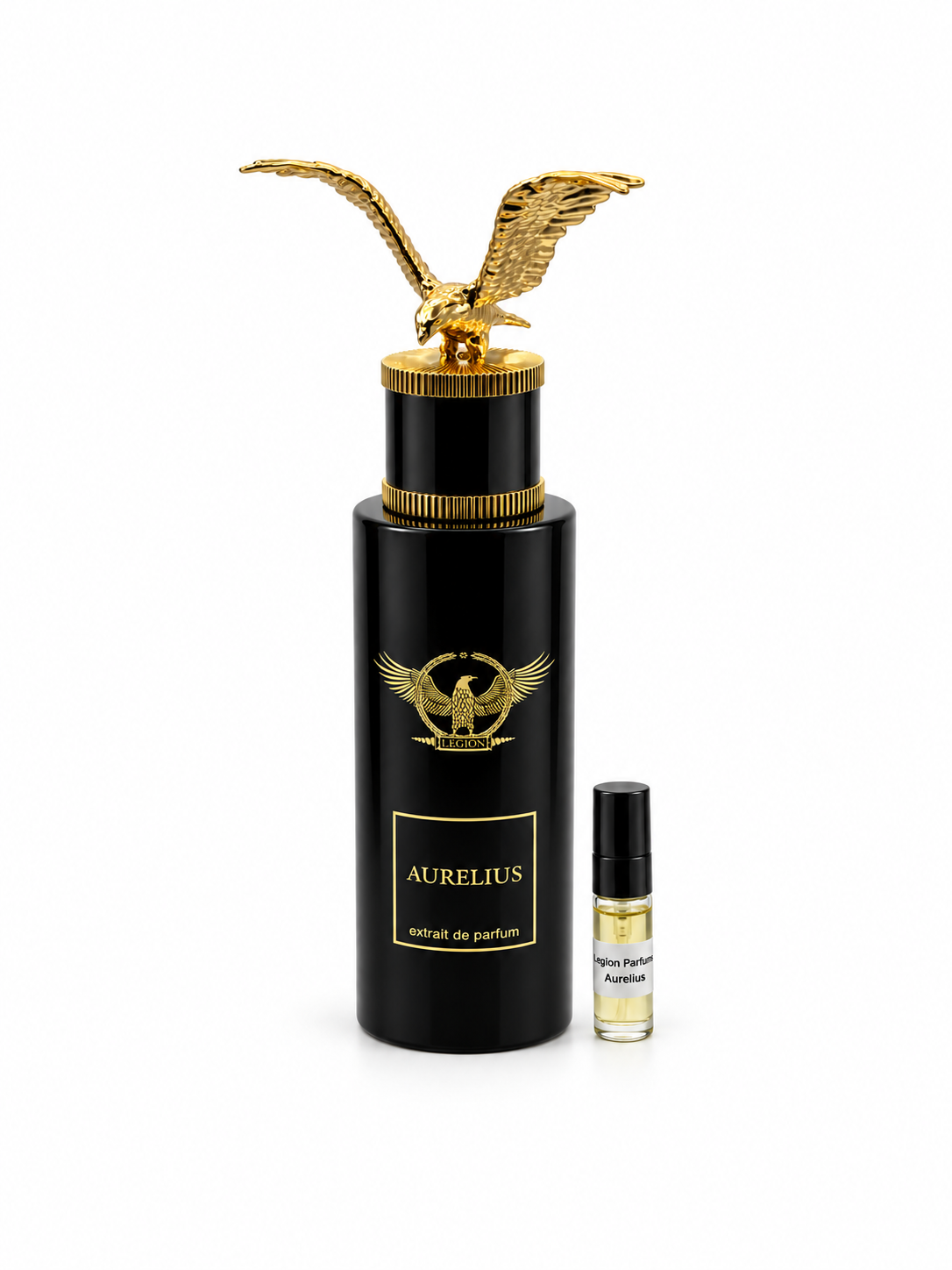 Legion Parfums Aurelias fragrance bottle and black-capped sample vial on white