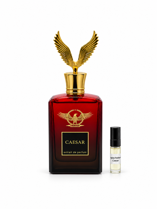 Legion Parfums Caesar fragrance bottle and black-capped sample vial on white