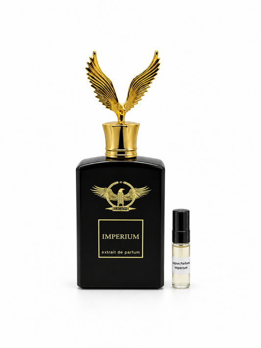 Legion Parfums Imperium fragrance bottle and black-capped sample vial on white