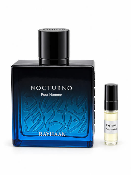 Rayhaan Nocturno fragrance bottle and black-capped sample vial on white